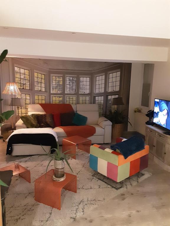 uma sala de estar com um sofá e uma televisão em Chambre d hôtes em Saint-Symphorien-dʼAncelles
