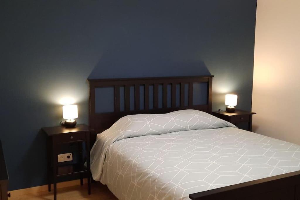 1 dormitorio con 1 cama y 2 mesitas de noche con lámparas en Le Cocon des Prés, en Saint-Hubert