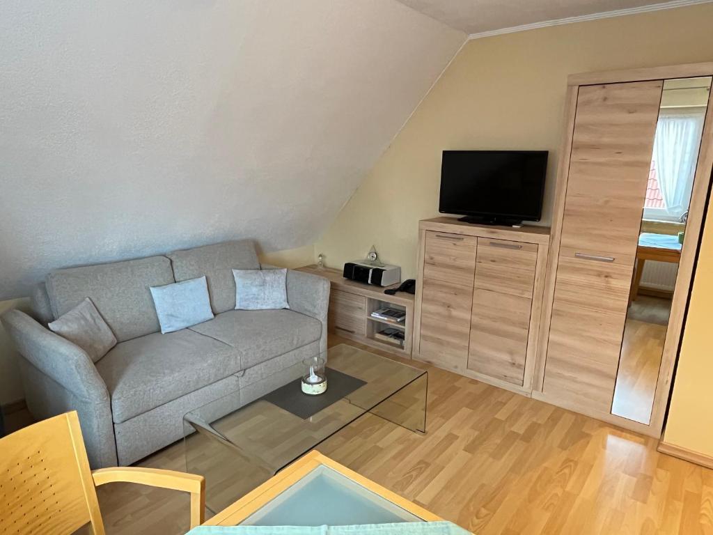 a living room with a couch and a flat screen tv at Haus Delphin - Ferienwohnung 1 in Norderney