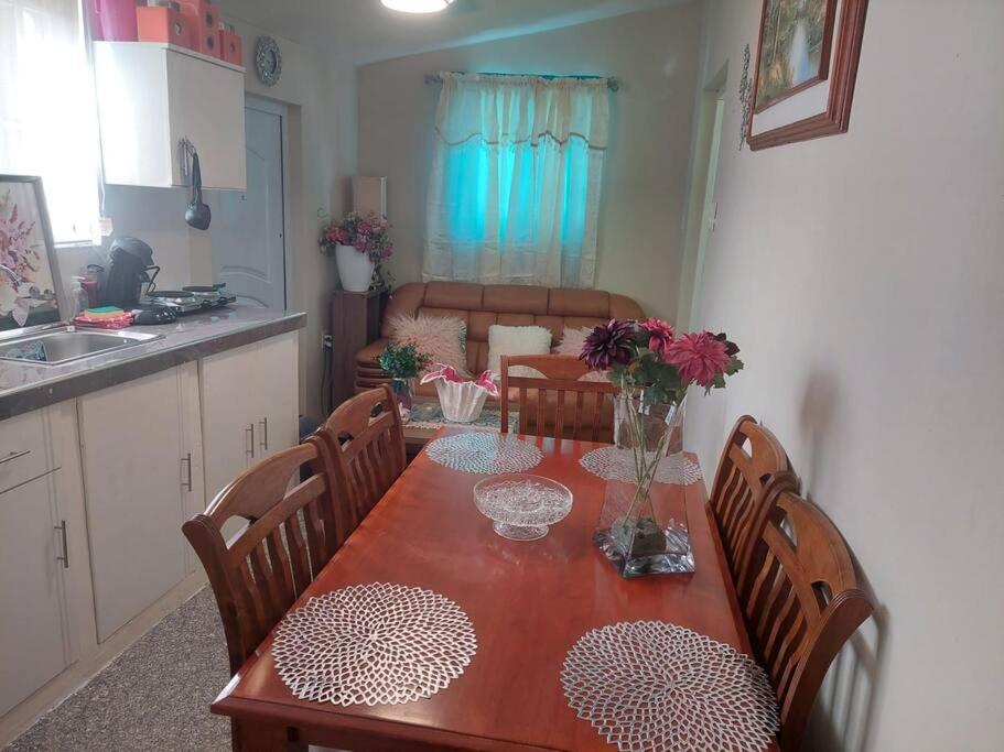 a kitchen with a table with chairs and a dining room at cozy central apartment in the city in Willemstad