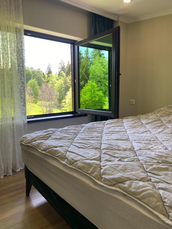 a bedroom with a large bed and a large window at Duplex apartment near the forest in Bakuriani