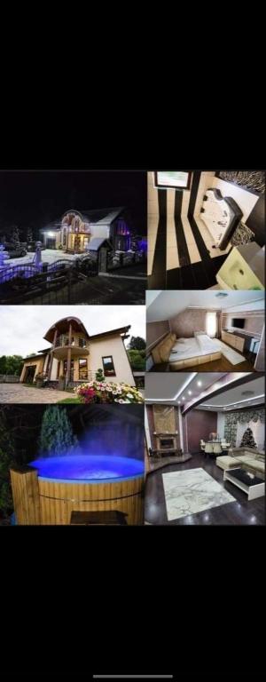 a collage of pictures of a house and a pool at Casa Perla Nordului in Moisei