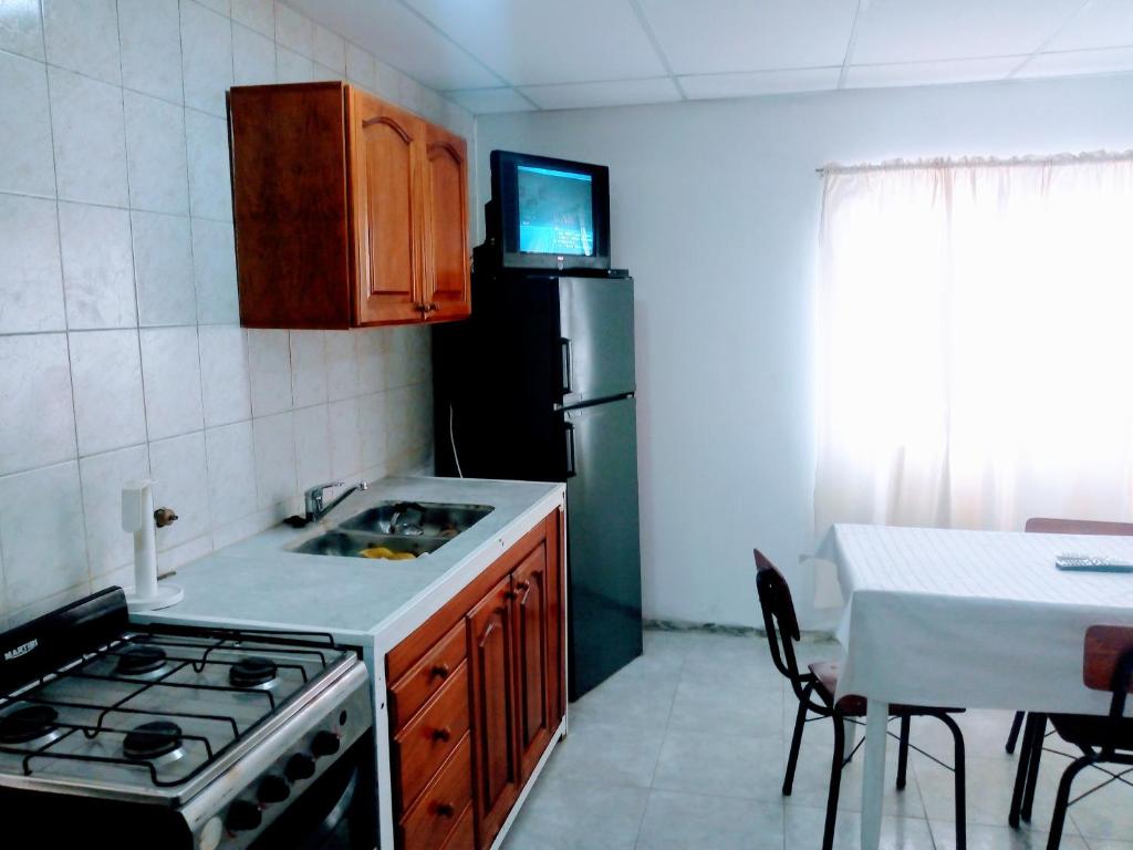 eine Küche mit Herd, Spüle und Mikrowelle in der Unterkunft Marcelo in Carmen de Patagones