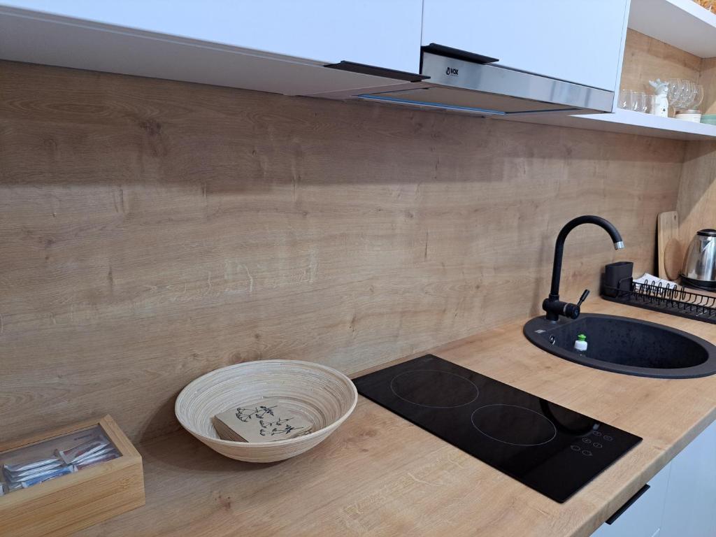 una encimera con fregadero y un tazón. en Apartman ISKRA Villa Mont, en Jahorina