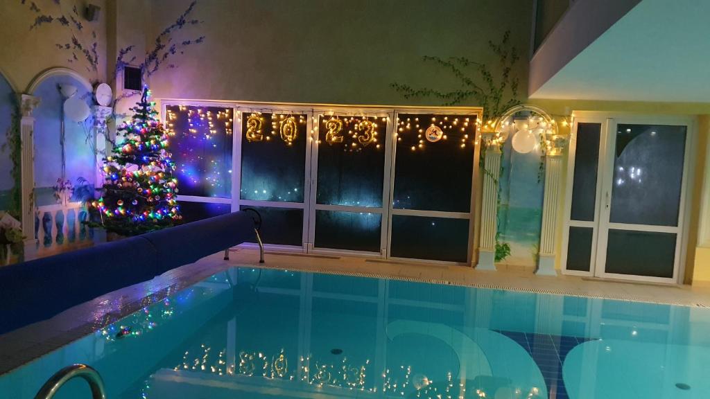 a house with a christmas tree and a swimming pool at Apartament Małgosi in Malbork