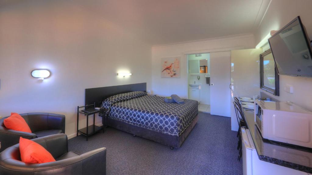 a hotel room with a bed and a television at Twin Swans Motel in Inverell