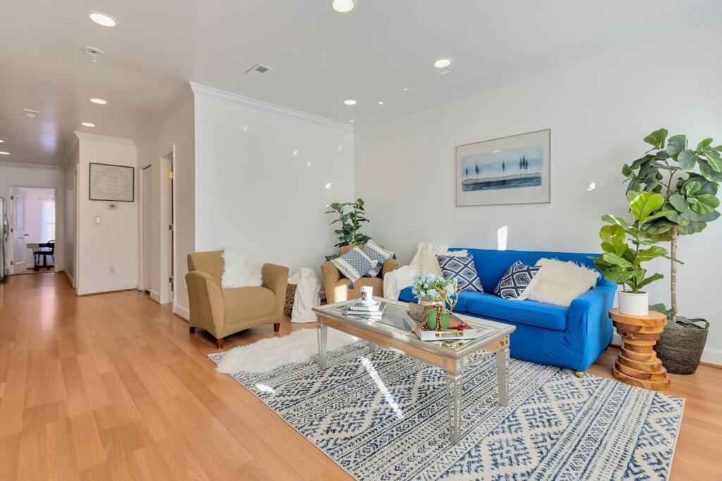 uma sala de estar com um sofá azul e uma mesa em DC A lovely urban oasis condo em Washington