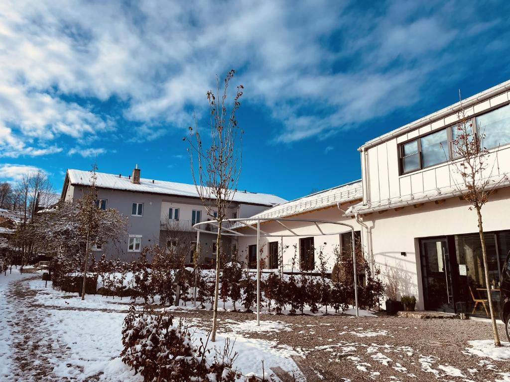 ein weißes Haus mit Bäumen im Schnee in der Unterkunft Alte Seifensiederei - Malala in Bad Tölz
