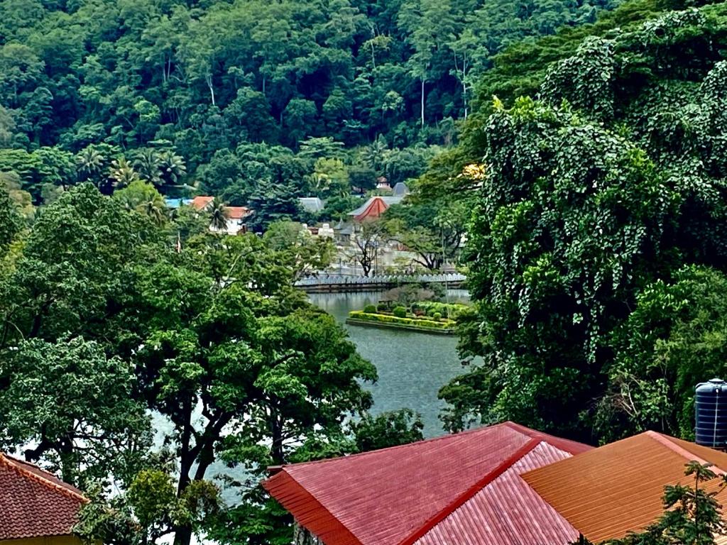- une vue sur une rivière avec des arbres et une ville dans l'établissement Sesatha lake Kandy, à Kandy