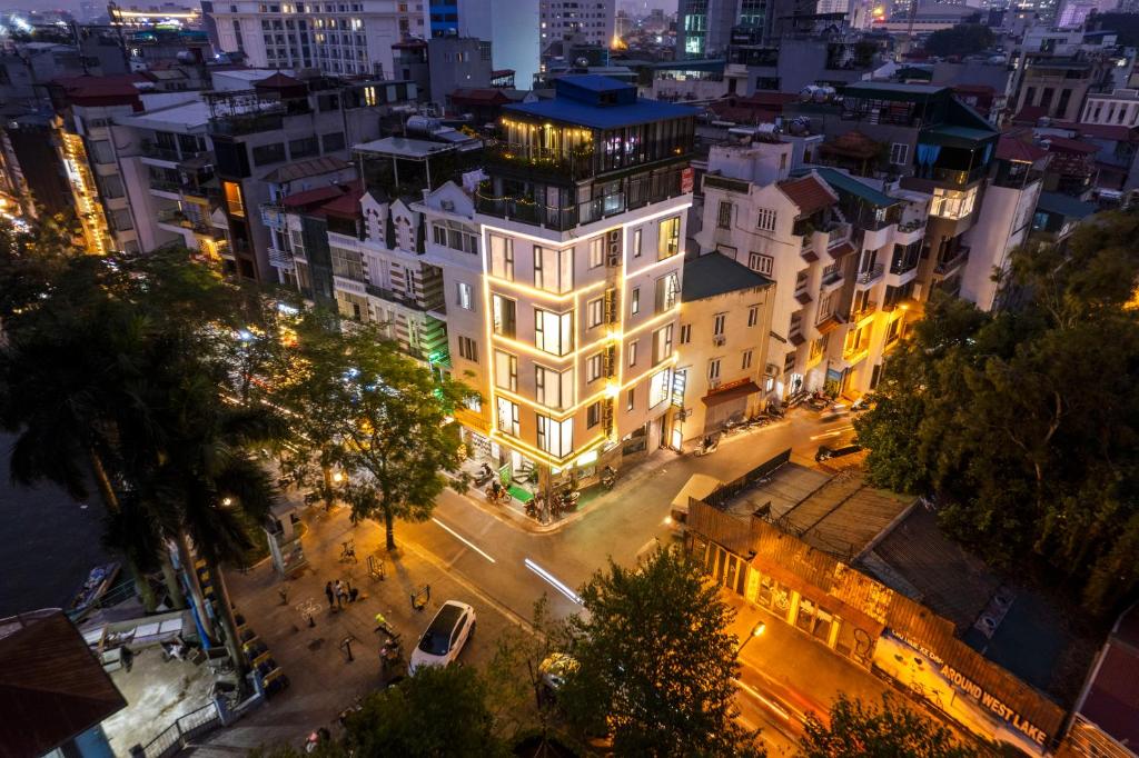 an overhead view of a city at night at Lake View Hotel in Hanoi