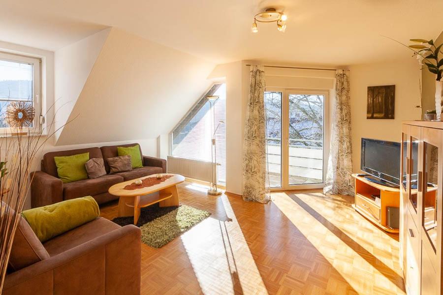 een woonkamer met een bank en een tafel bij Ferienwohnung Sonnenseite Zoja Hahnenklee in Hahnenklee-Bockswiese
