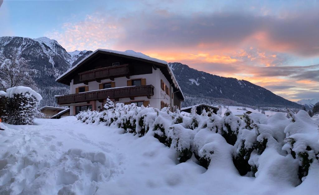 a building covered in snow next to a mountain at Appartements Griesserhof in Oetz