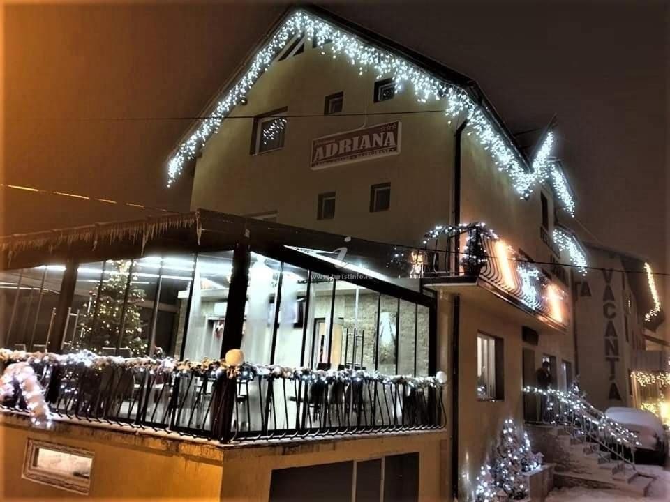 ストラジャにあるPensiunea Adriana Strajaのクリスマス灯が横に付いている建物