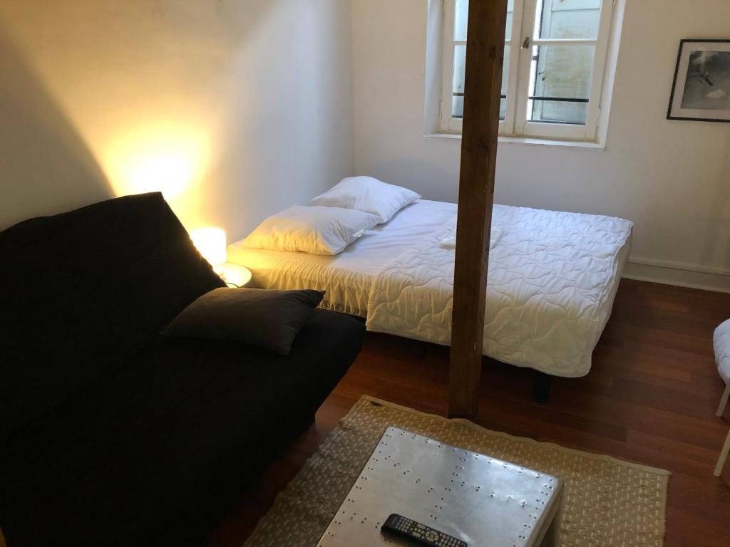 a living room with a bed and a couch at appartement Victor Hugo 2 D et sa pizza offerte in Aurillac