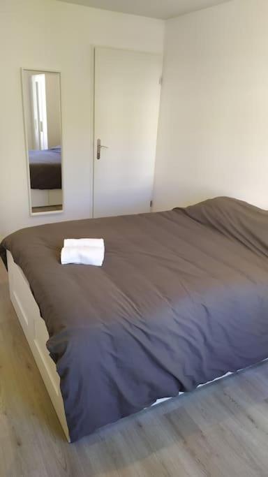 a bed in a white room with a mirror and a bed sidx sidx sidx at T2 de 42m² A proximité de la gare à 30min de PARIS in Mantes-la-Jolie