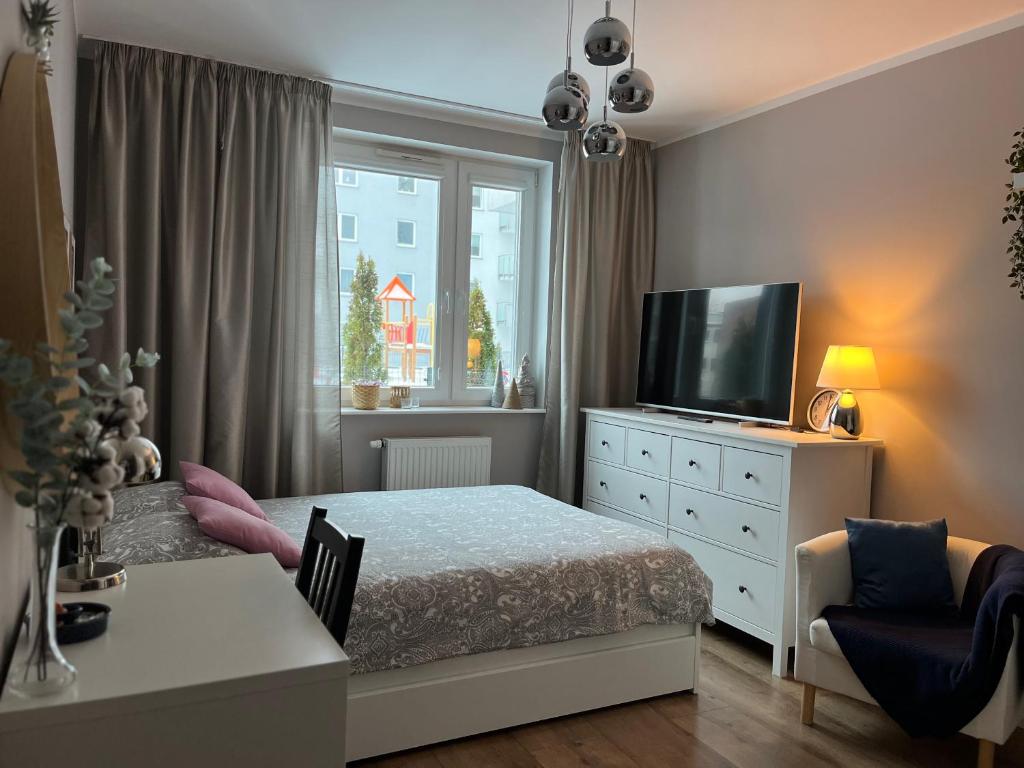Televízia a/alebo spoločenská miestnosť v ubytovaní Apartament Przy Obserwatorium&Singielnia