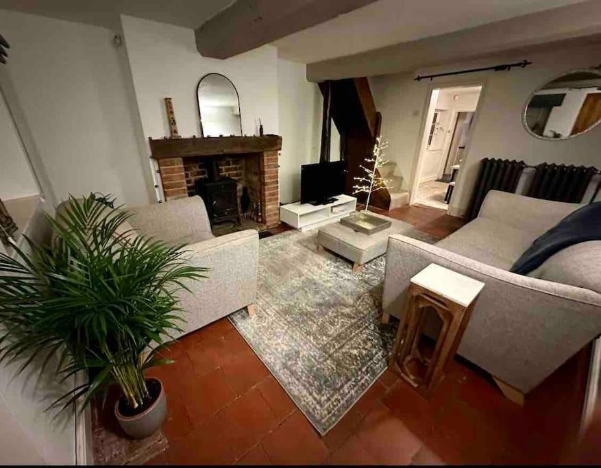 a living room with a couch and a fireplace at 1 Appletree Cottages, Hot Tub 
