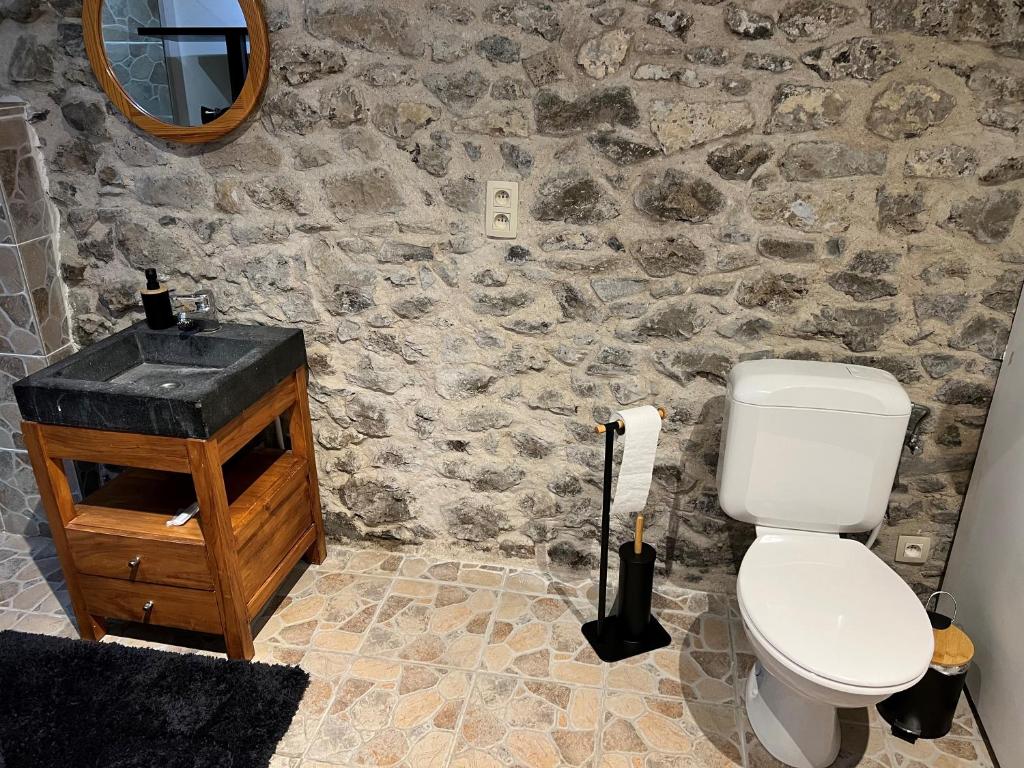 Baño de piedra con aseo y lavamanos en Gîte Rubis 4-6 pers, JACUZZI-HOT TUB, Pairi Daiza, en Brugelette