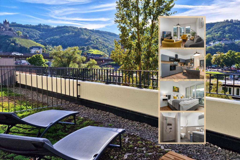 un collage de tres fotos de un balcón con vistas en Vivamosel: Appartement mit Mosel & Burgblick - Balkon - Parken - Aufzug - Fahrradraum, en Cochem