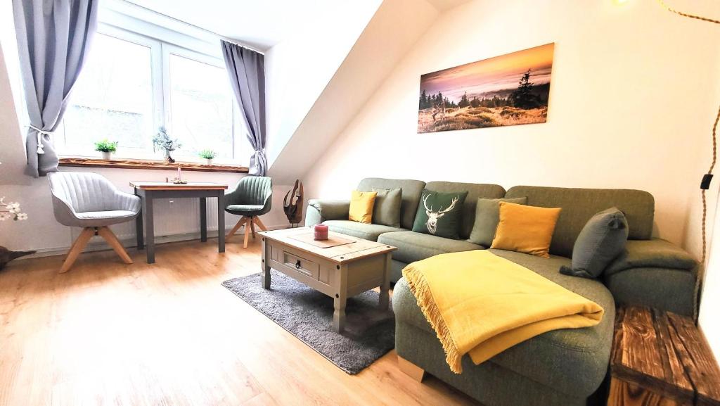 ein Wohnzimmer mit einem grünen Sofa und einem Tisch in der Unterkunft Ferienwohnung Berglodge 22 Hahnenklee Bockswiese in Goslar