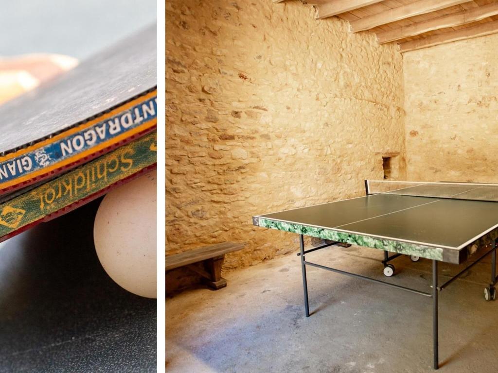 two pictures of a ping pong table in a room at Rustic holiday home in Loubejac with jacuzzi in Loubejac