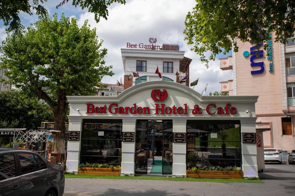 a best garden hotel and cafe on a city street at BEST GARDEN HOTEL in Istanbul