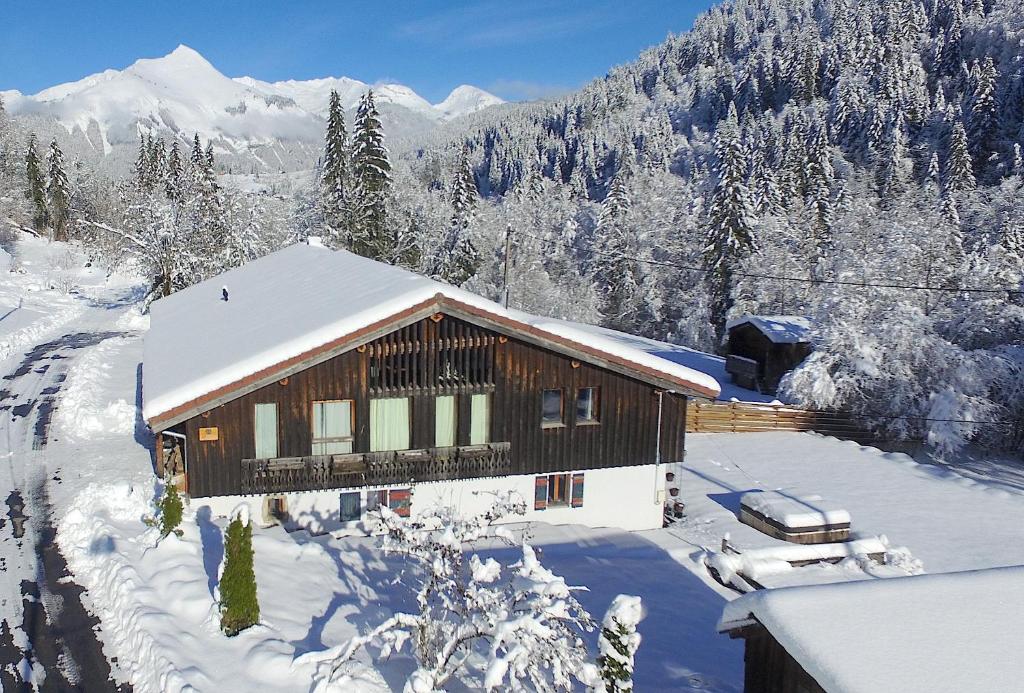 a cabin in the snow with snow covered trees and mountains at Ferme Liberté - stunning, comfortable, & modern sleeps 14- private mini van in Les Gets