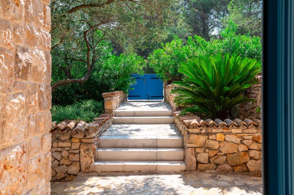 a stone path with a blue door in a garden at Marceline in Prvić Luka