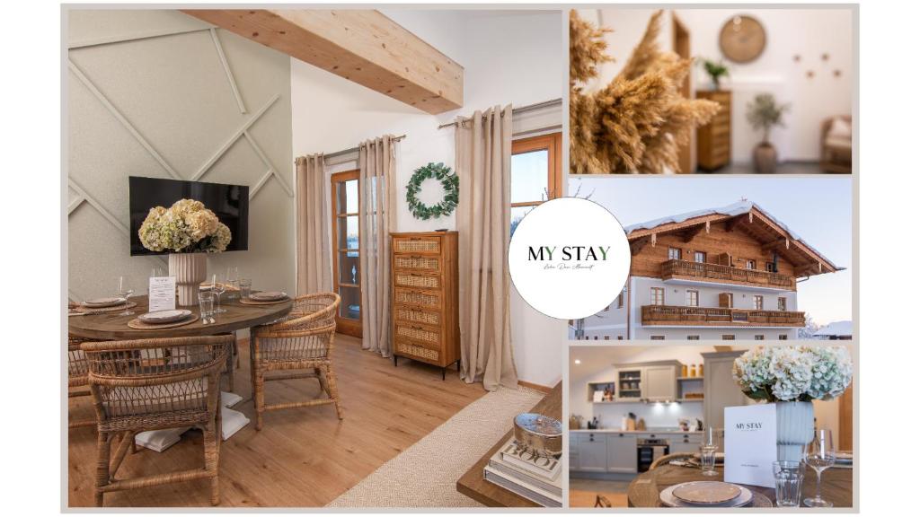 a dining room with a table and a house at MY STAY Erholung auf Erlebnishof zwischen Chiemseestrand und Kampenwand in Bernau am Chiemsee