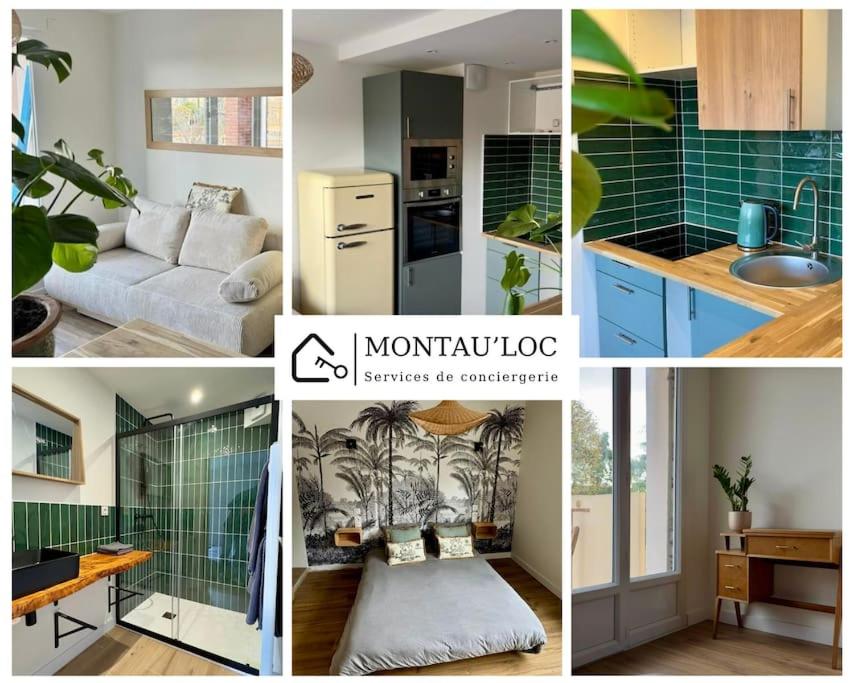 un collage de photos d'une cuisine et d'un salon dans l'établissement Le tropical - T2 42m2 - centre ville - parking, à Montauban