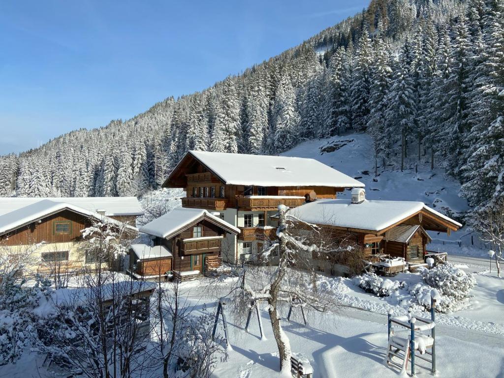 una cabaña de madera en la nieve con árboles nevados en Winklhütte, en Forstau