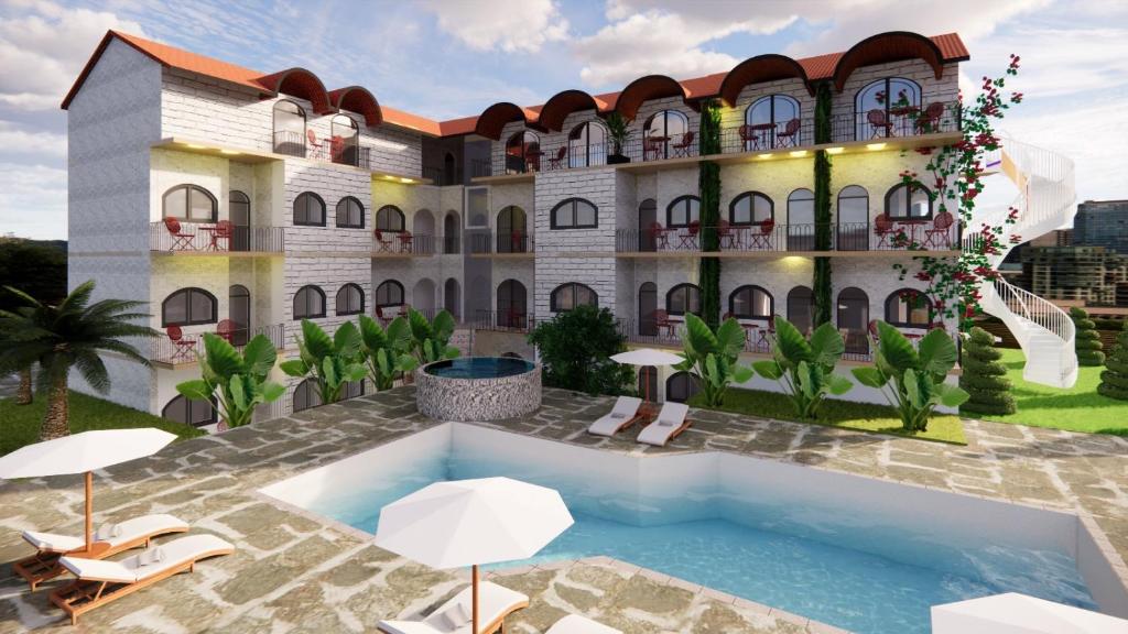 an architectural rendering of a building with a swimming pool at Unsal Hotel in Oludeniz