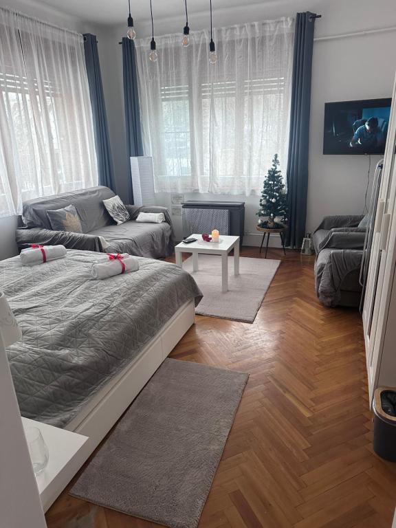 sala de estar con cama y sofá en Rose Apartment, en Budapest
