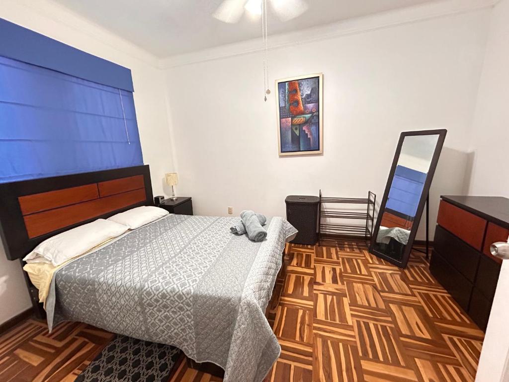 1 dormitorio con cama y espejo. en Colonial Style Apartment in San Isidro, en Lima