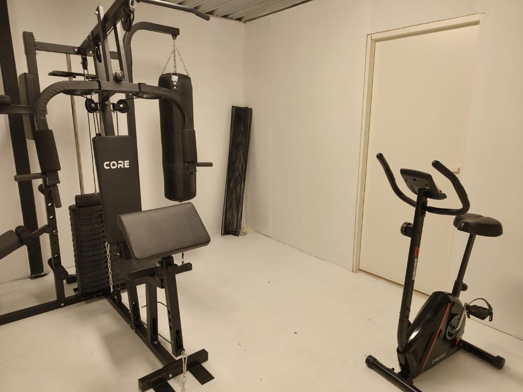 a room with a gym with a treadmill at Huvila Lohja in Lohja