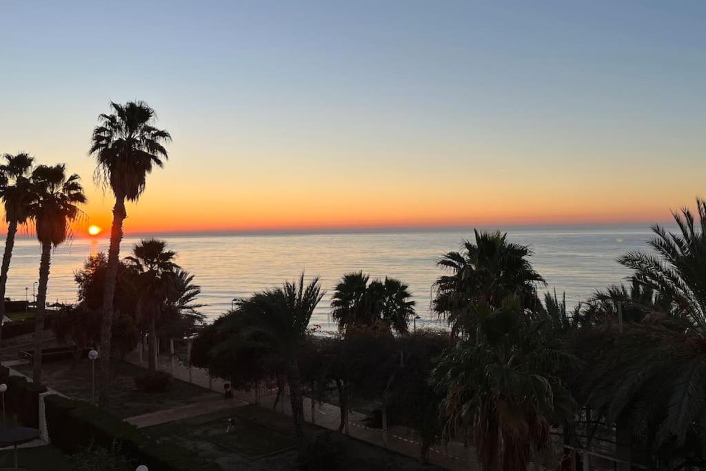 een zonsondergang boven een strand met palmbomen en de oceaan bij Apto Cala Real Playa Muchavista - ElCampello in Alicante