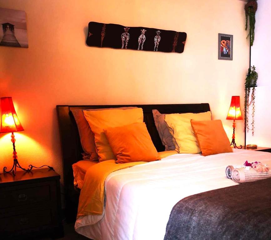 1 dormitorio con 1 cama con almohadas de color naranja y 2 lámparas en Le Panoramique Loft en Le Tampon