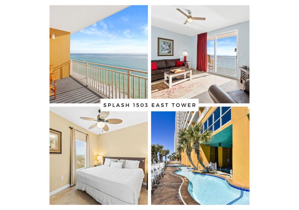 un collage di foto di una camera d'albergo con vista sull'oceano di Splash Beach Resort #1503-E by Book That Condo a Panama City Beach