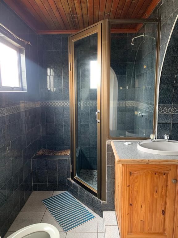 a bathroom with a shower and a toilet and a sink at Beach View B&B in East London