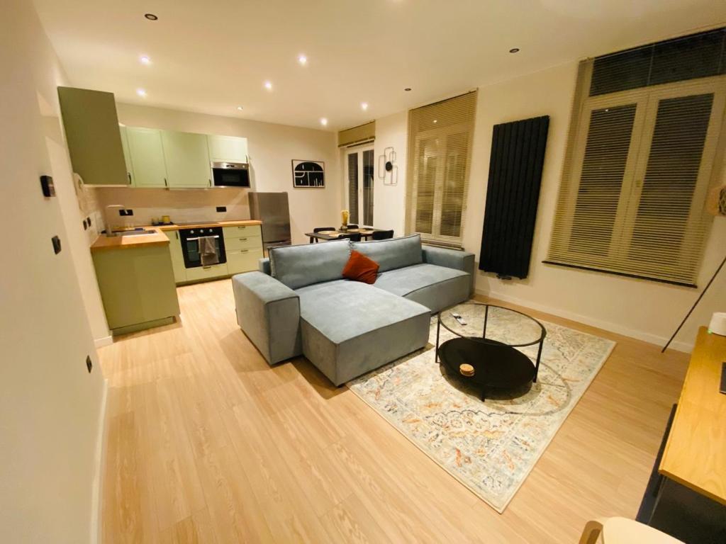 Il comprend un salon avec un canapé et une cuisine. dans l'établissement Camus Flats, à Bruxelles