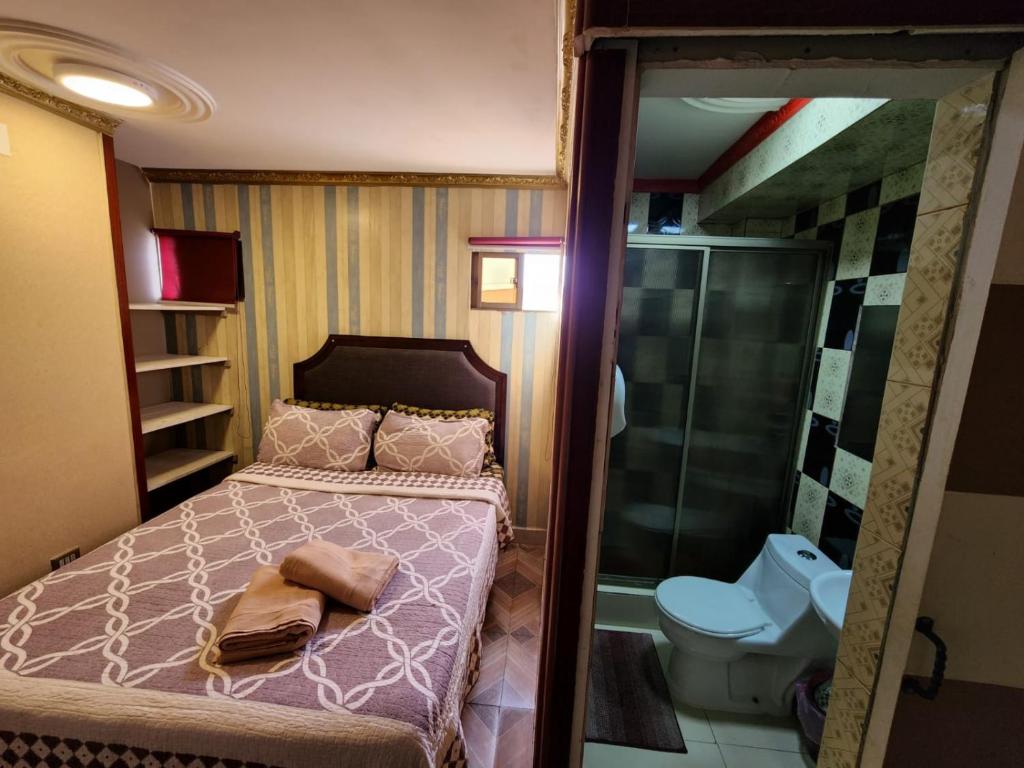 a bedroom with a bed and a shower and a toilet at Hotel La Pampa in Alto Hospicio