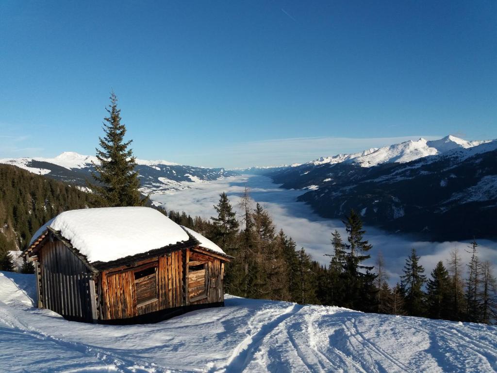 eine Holzhütte auf einem schneebedeckten Berg in der Unterkunft Apartment Wurnitsch in Bramberg am Wildkogel