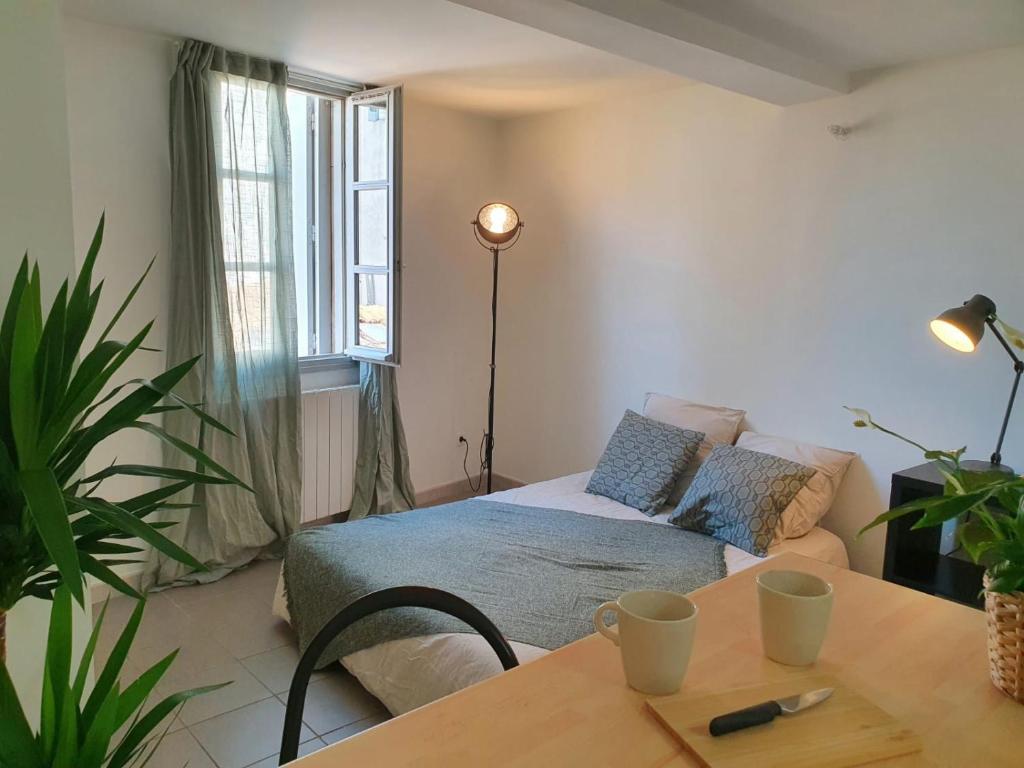 a living room with a couch and a table at Studio au coeur de Montpellier in Montpellier