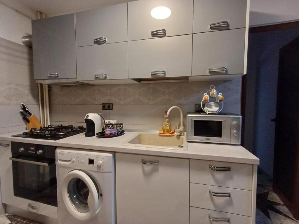 uma cozinha com um fogão, um lavatório e um micro-ondas em sweethomegalati em Galaţi