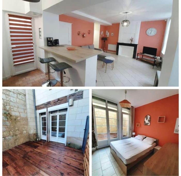 2 Bilder von einer Küche und einem Wohnzimmer in der Unterkunft Appart chaleureux avec terrasse in Saumur