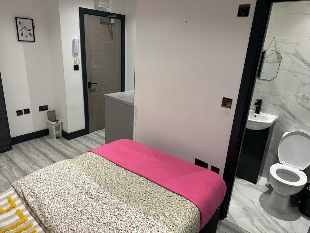 a bedroom with a bed and a toilet and a sink at Studio apartment in Catford