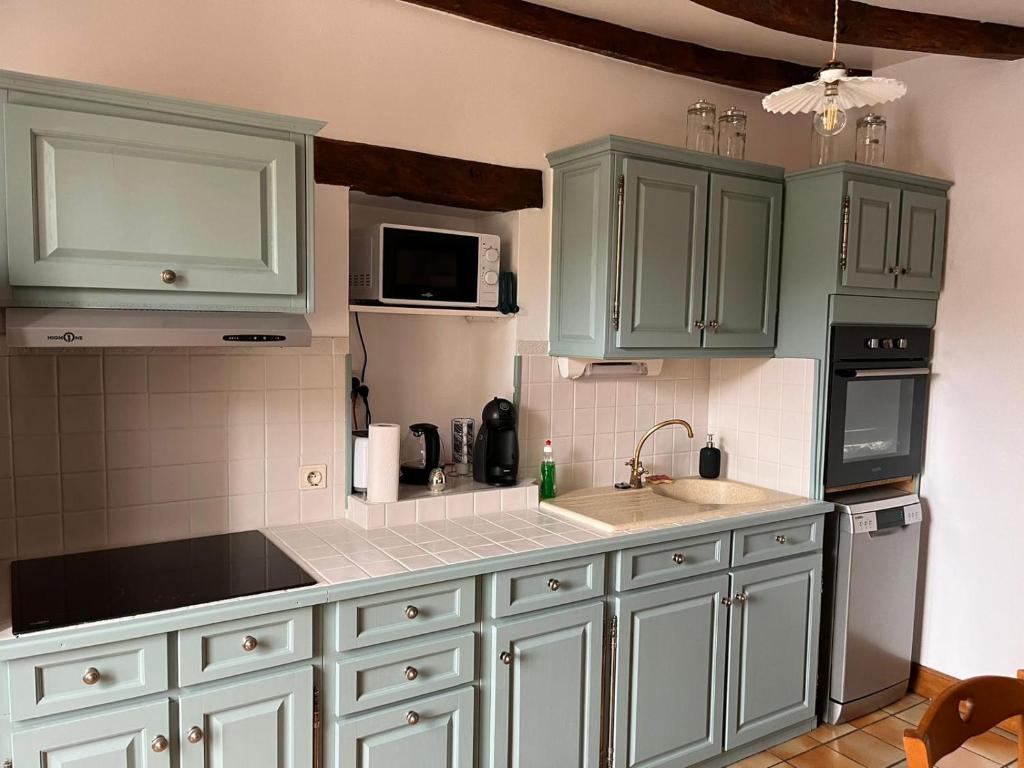 a kitchen with green cabinets and a sink at Maison Mayeras, 3 ch in Razès