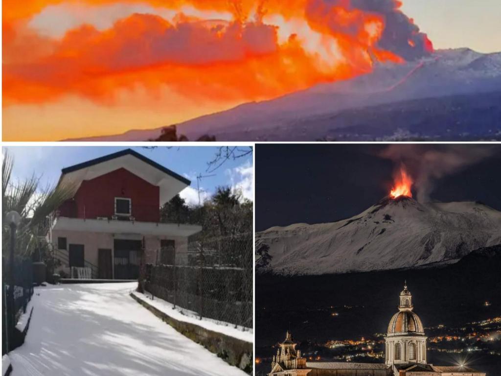 a collage of pictures of a volcano and a building at La terra dei ciliegi tra l'Etna e il mare di Taormina in Piedimonte Etneo