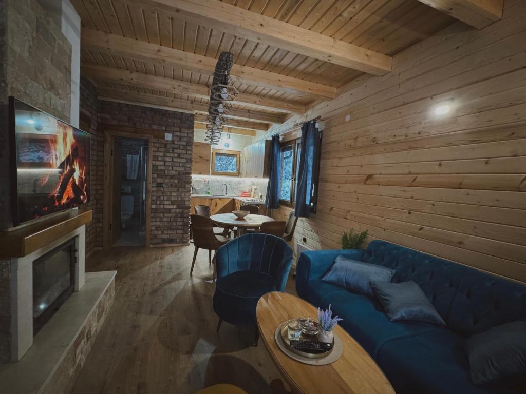 a living room with a blue couch and a fireplace at Planinska kuća Dunja in Jahorina