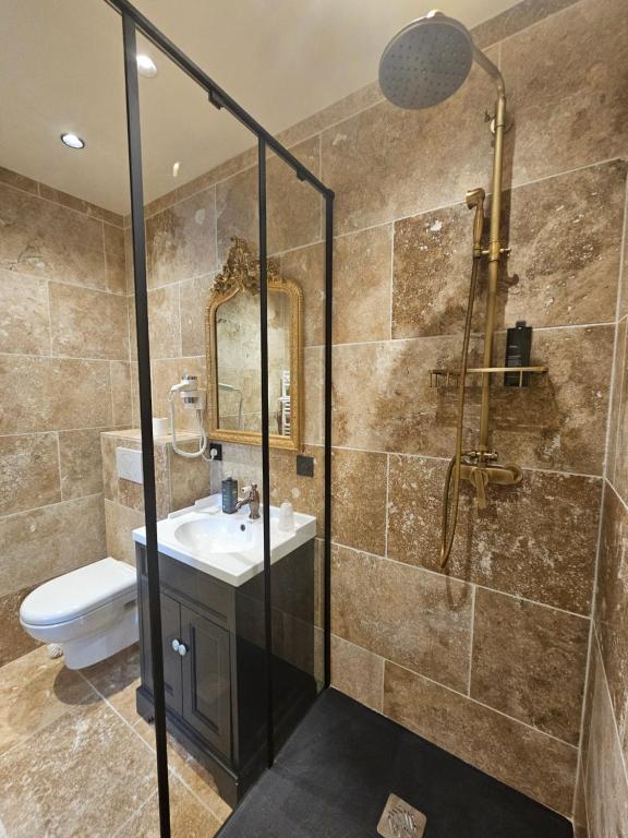 a bathroom with a shower and a sink and a toilet at Hôtel Restaurant "La Petite Auberge" in Bourg-Saint-Maurice